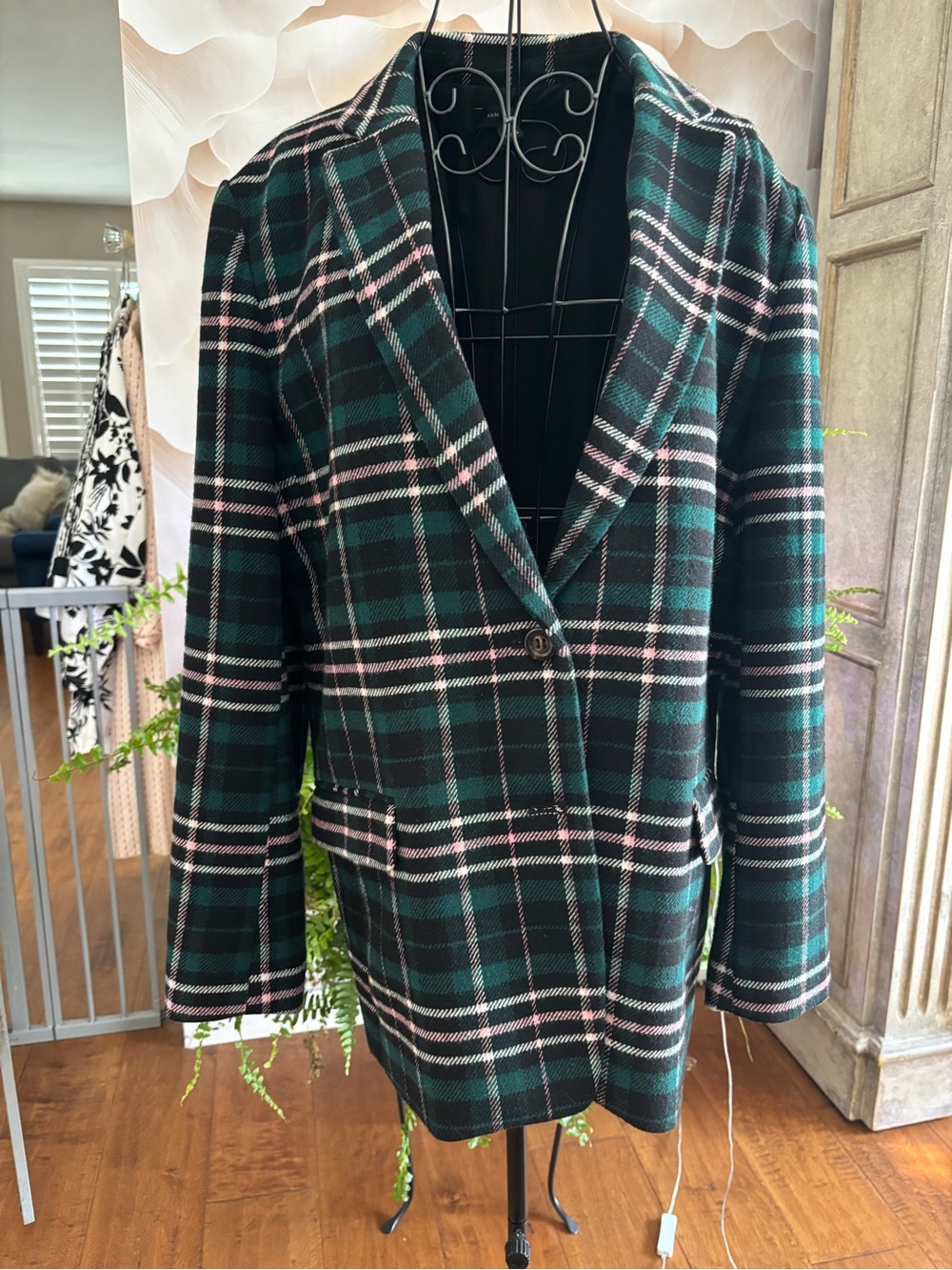 Ann Taylor Green and Black Plaid Double Button Blazer